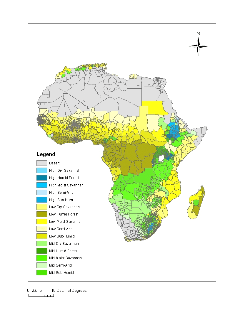 Image 1: An ecological map of Africa, color-coded with shades yellow, grey, green, and blue to separate the different zones. The zones are Desert, Savannah, Forest, Highlands, and Temperate. Source: ResearchGate.Net